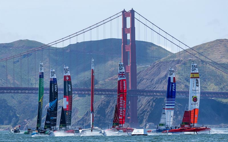 The fleet in action in front of the Golden Gate Bridge on Race Day 2 of the Mubadala SailGP Season 3 Grand Final in San Francisco, USA photo copyright Jed Jacobsohn for SailGP taken at  and featuring the F50 class