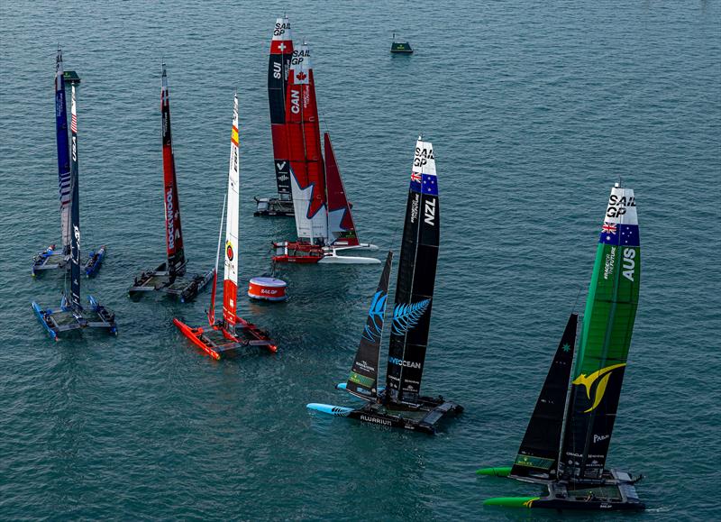 Aerial view of the fleet as they sail around a racecourse marker on Race Day 2 of the Rolex United States Sail Grand Prix | Chicago  photo copyright Simon Bruty / SailGP taken at Lake Michigan Yacht Club and featuring the F50 class