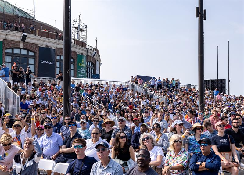 Spectators watch the racing action from the SailGP Race Stadium on Navy Pier on Race Day 2 of the Rolex United States Sail Grand Prix | Chicago photo copyright Katelyn Mulcahy / SailGP taken at Lake Michigan Yacht Club and featuring the F50 class