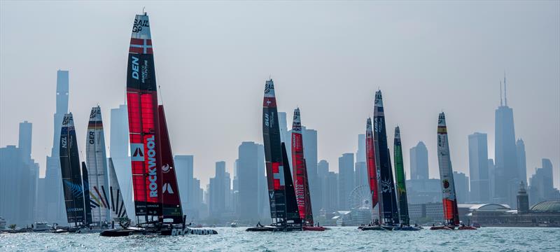 The big wingsails of the F50 fleet merge with the Chicago cityscape - Race Day 2 of the Rolex United States Sail Grand Prix | Chicago photo copyright Bob Martin/SailGP taken at Lake Michigan Yacht Club and featuring the F50 class