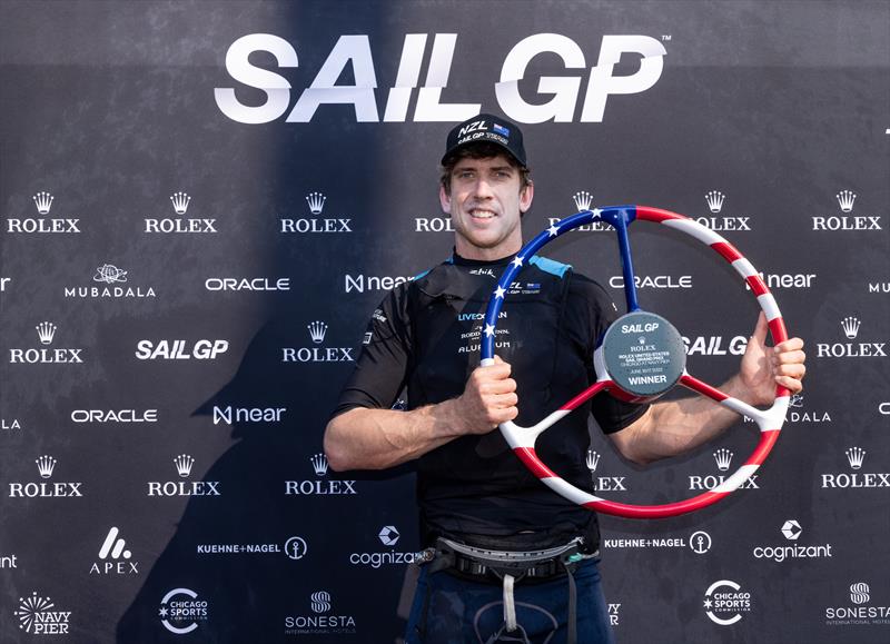 Peter Burling (NZL) with the Event Trophy - Race Day 2 of the Rolex United States Sail Grand Prix | Chicago photo copyright Katelyn Mulcahy / SailGP taken at Lake Michigan Yacht Club and featuring the F50 class