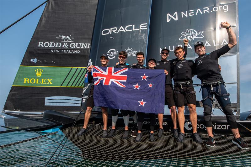 NZ SailGP team celebrate winning the Final - Race Day 2 of the Rolex United States Sail Grand Prix | Chicago photo copyright Ricardo Pinto/SailGP taken at Lake Michigan Yacht Club and featuring the F50 class