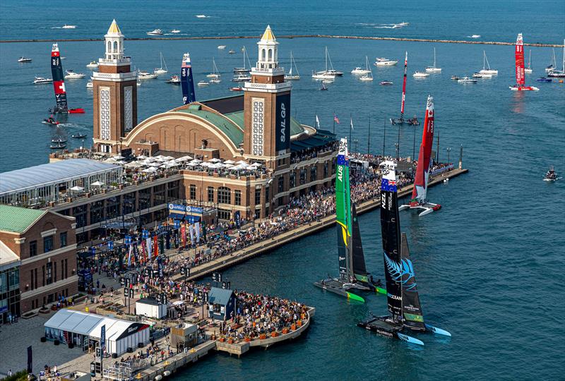 The New Zealand SailGP Team, Australia SailGP Team and Canada SailGP Team sail close to the spectators in the SailGP Race Stadium on Navy Pier  - SailGP USA Final - June  2023 photo copyright Simon Bruty / SailGP taken at Lake Michigan Yacht Club and featuring the F50 class