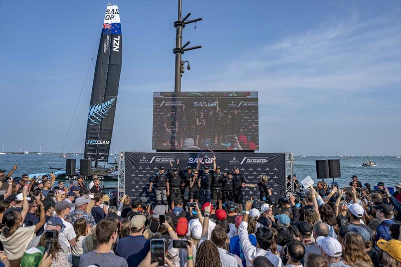 New Zealand SailGP Team celebrates winning the Rolex United States Sail Grand Prix | Chicago with the trophy on stage after Race Day 2 of the Rolex United States Sail Grand Prix | Chicago at Navy Pier, Season 4, in Chicago, Illinois, USA. 17th June - photo © Bob Martin for SailGP