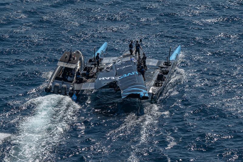 An aerial view of the damaged New Zealand SailGP Team F50 catamaran after racing on Race Day 1 of the France Sail Grand Prix in Saint-Tropez, France. Sept 9, 2023 - photo © Ricardo Pinto/SailGP