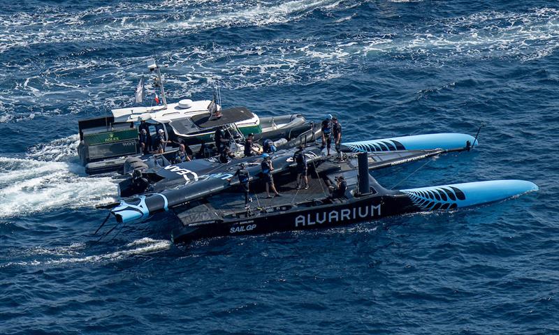An aerial view of the damaged New Zealand SailGP Team F50 catamaran after racing on Race Day 1 of the France Sail Grand Prix in Saint-Tropez, France. Sept 9, 2023 - photo © Ricardo Pinto/SailGP