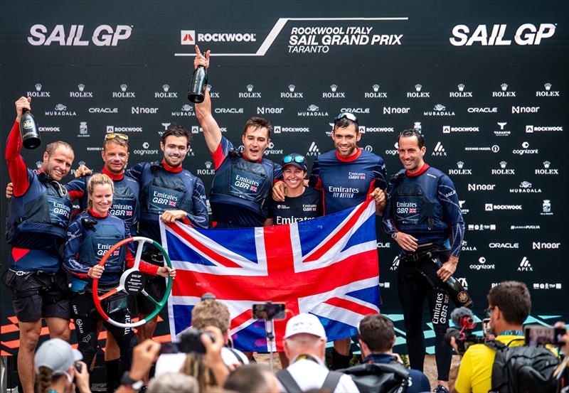 The Emirates Great Britain SailGP Team celebrate in the Adrenaline Lounge in Castello Aragonese after Emirates Great Britain SailGP Team win the ROCKWOOL Italy Sail Grand Prix in Taranto, Italy - photo © Ricardo Pinto for SailGP