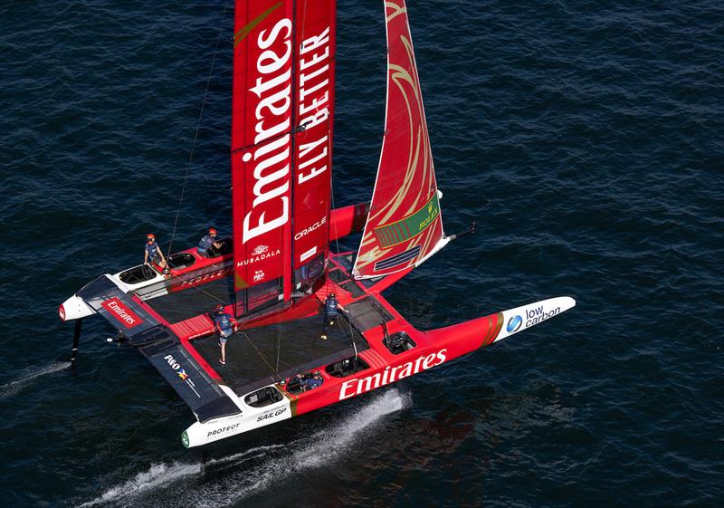 Aerial view of Emirates Great Britain SailGP Team helmed by Ben Ainslie in action on Race Day 2 of the Emirates Sail Grand Prix presented by P&O Marinas in Dubai, United Arab Emirates photo copyright Felix Diemer for SailGP taken at  and featuring the F50 class