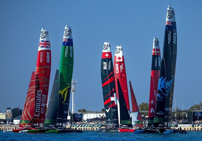 The SailGP fleet of F50 catamarans in action on Race Day 1 of the Mubadala Abu Dhabi Sail Grand Prix presented by Abu Dhabi Sports Council in Abu Dhabi, United Arab Emirates. 13th January photo copyright Simon Bruty taken at Abu Dhabi Sailing & Yacht Club and featuring the F50 class