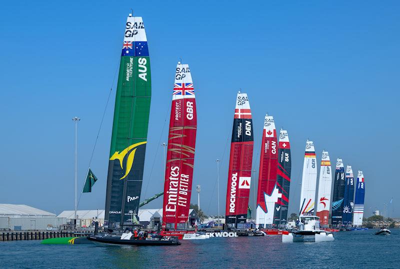 Australia SailGP Team, Emirates Great Britain SailGP Team, ROCKWOOL Denmark SailGP Team and the rest of the F50 catamaran fleet moored up prior to Race Day 2 of the Mubadala Abu Dhabi Sail Grand Prix presented by Abu Dhabi Sports Council - photo © Ricardo Pinto for SailGP