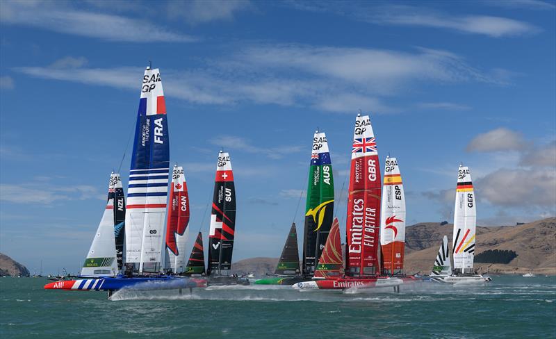 The SailGP F50 catamaran fleet on  in action ITM New Zealand Sail Grand Prix in Christchurch, March 24, 2024 - photo © Ricardo Pinto/SailGP