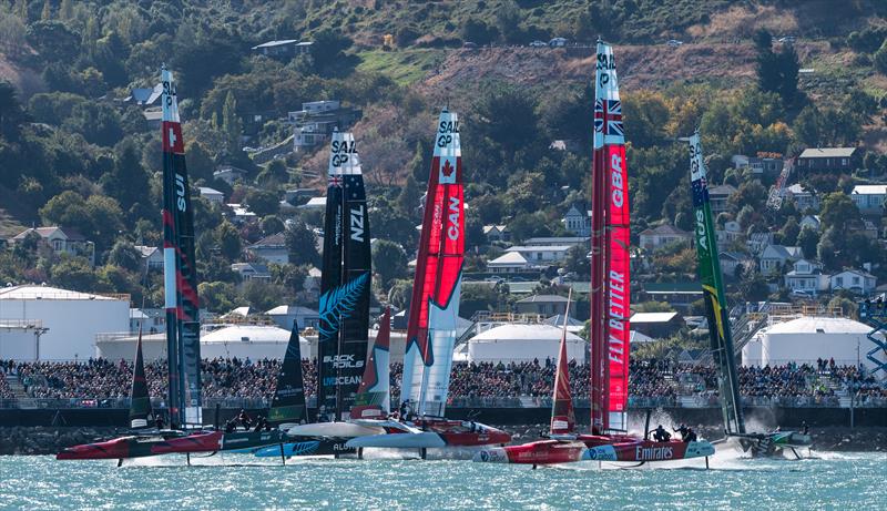 The SailGP F50 catamaran fleet in action ITM New Zealand Sail Grand Prix in Christchurch, March 24, 2024 photo copyright Ricardo Pinto/SailGP taken at Naval Point Club Lyttelton and featuring the F50 class