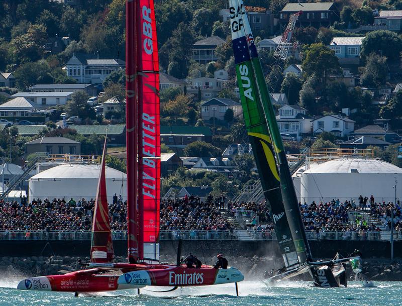 Australia SailGP Team collide into the finish line marker in front of the grandstand resulting in damage to their F50 catamaran forcing them to retire from the event on Race Day 2 ITM New Zealand Sail Grand Prix in Christchurch, March 24, 2024 - photo © Ricardo Pinto/SailGP