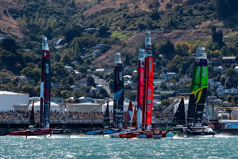 Australia SailGP Team collide into the finish line marker in front of the grandstand resulting in damage to their F50 catamaran forcing them to retire from the event on Race Day 2 of the ITM New Zealand Sail Grand Prix in Christchurch, New Zealand photo copyright Ricardo Pinto for SailGP taken at  and featuring the F50 class