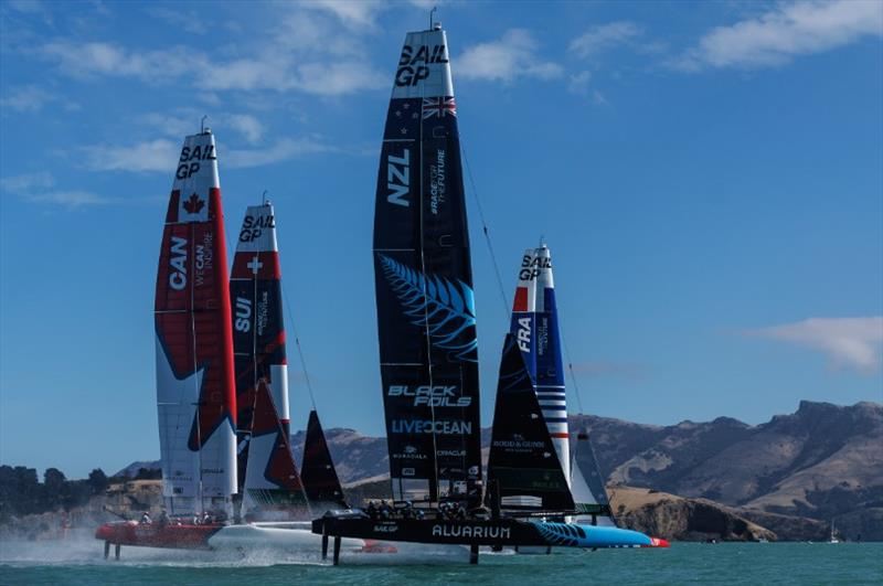 NZ SailGP Team helmed by Peter Burling lead alongside France SailGP Team helmed by Quentin Delapierre in front of Canada SailGP Team and Switzerland SailGP Team during racing on Race Day 2 of the ITM New Zealand Sail Grand Prix in Christchurch, NZ - photo © Chloe Knott for SailGP
