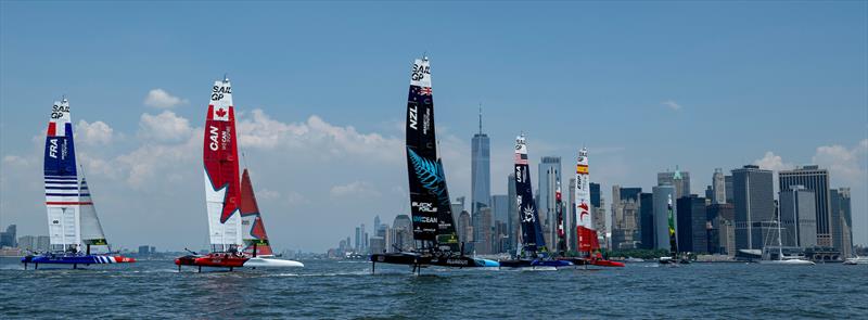 France SailGP Team lead Canada SailGP Team and New Zealand SailGP Team as they sail past the New York City skyline during a practice session ahead of the Mubadala New York Sail Grand Prix in New York, USA - photo © Ricardo Pinto/SailGP