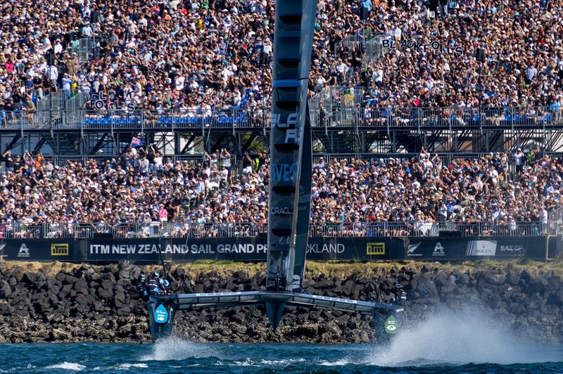 NZ SailGP tacks into the massive grandstand which became an icon of the ITM New Zealand SailGP - Auckland - January 18, 2025 photo copyright Felix Diemer/SailGP taken at Royal New Zealand Yacht Squadron and featuring the F50 class