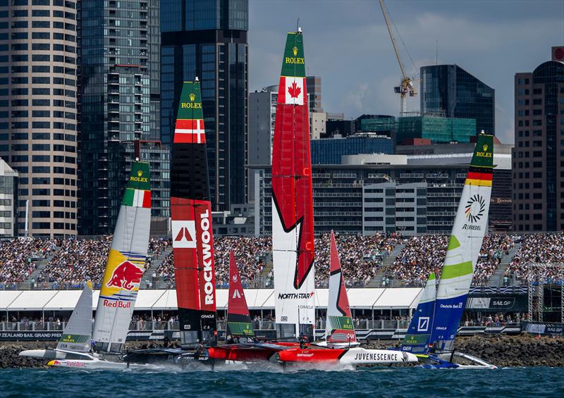 Canada NorthStar SailGP Team helmed by Giles Scott in front of the grandstand on Race Day 1 of The Rolex SailGP Championship ITM New Zealand Sail Grand Prix in Auckland, New Zealand photo copyright Ricardo Pinto for SailGP taken at  and featuring the F50 class