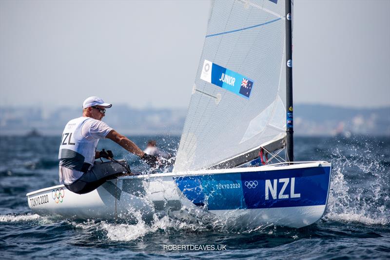 Josh Junior, NZL at the Tokyo 2020 Olympic Sailing Competition day 8 photo copyright Robert Deaves / www.robertdeaves.uk taken at  and featuring the Finn class