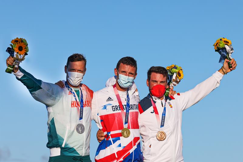 Finn podium at the Tokyo 2020 Olympic Sailing Competition photo copyright Sailing Energy / World Sailing taken at  and featuring the Finn class