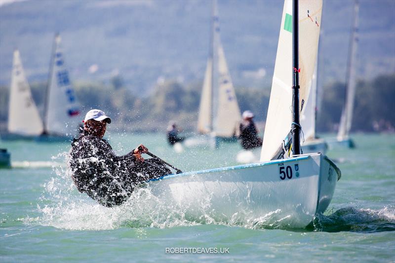 Akos Lukats on day 2 at the 2021 Finn European Masters photo copyright Robert Deaves / www.robertdeaves.uk taken at Tihanyi Hajós Egylet and featuring the Finn class