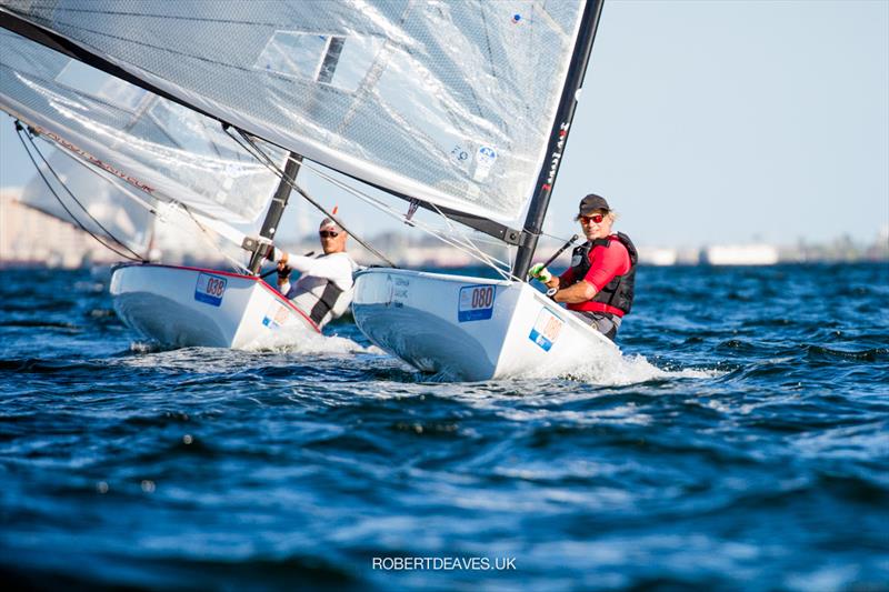 Andreas Gillwald leads Juan Grau Cases at the Finn World Masters on Mar Menor photo copyright Robert Deaves / www.robertdeaves.uk taken at  and featuring the Finn class