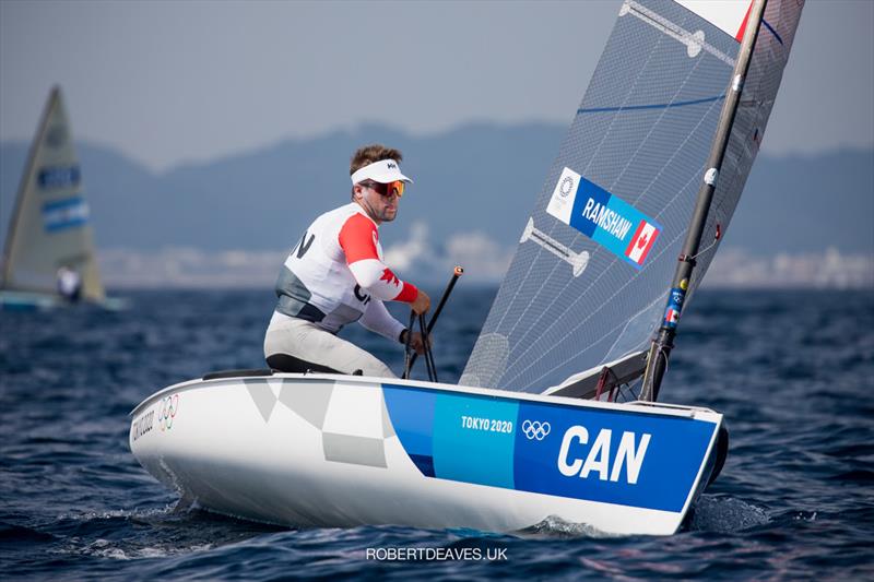 Tom Ramshaw (CAN) at the Tokyo 2020 Olympic Sailing Competition day 7 photo copyright Robert Deaves / www.robertdeaves.uk taken at  and featuring the Finn class
