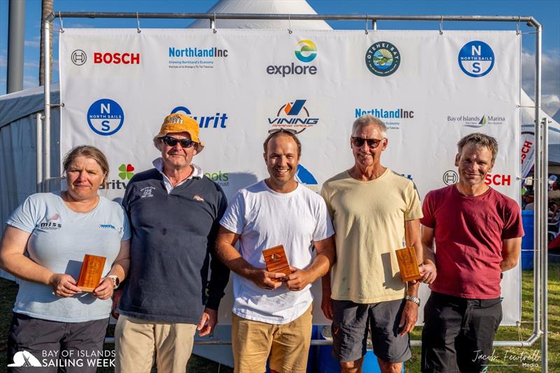 NZL Nationals winners. Left to Right. 3rd Sally Garrett and Neil Easton, 1st Ben Lowe, 2nd Murray Gilbert and Jonathon Burgess  photo copyright Jacob Frewtrell / Bay of Island Sailing Week taken at Bay of Islands Yacht Club and featuring the Flying Fifteen class