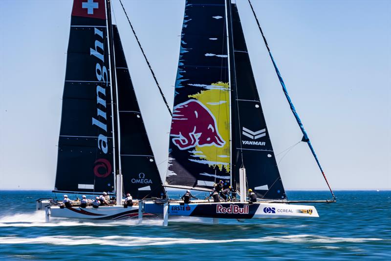 Old rivals Alinghi v Red Bull on day 2 of 2021 GC32 Lagos Cup 1 photo copyright Sailing Energy/ GC32 Racing Tour  taken at  and featuring the GC32 class