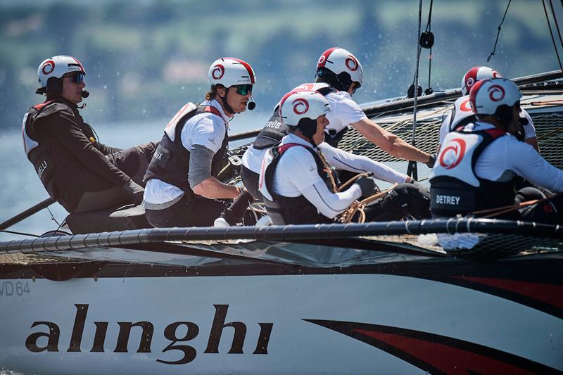 Sailing with a six person crew - just two short of the number permitted on the AC75 - Alinghi Red Bull Racing - GC32 Racing Tour . Lagos World Championships - July 2022 photo copyright Loris Von Siebenthal taken at Yacht Club de Genève and featuring the GC32 class