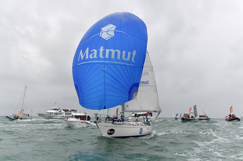 Jean-Luc Van Den Heede and his Rustler 36 yacht MATMUT crossing the finish line at Les Sables d'Olonne to win the 2018 Golden Globe Race photo copyright Christophe Favreau / PPL / GGR taken at  and featuring the Golden Globe Race class