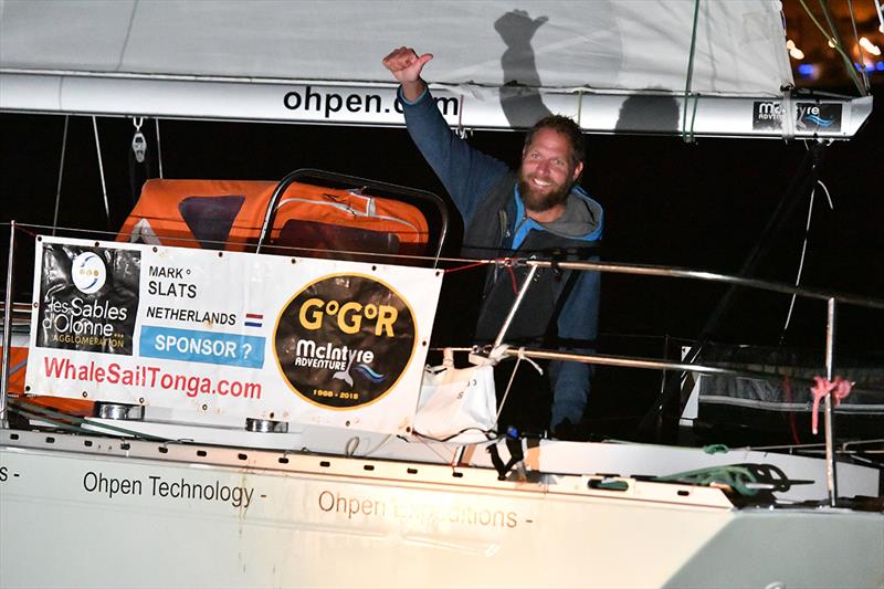 Great to be back! Mark Slacks salutes the crowds waiting to catch a glimpse of him on his return to Les Sables d'Olonne - Golden Globe Race - photo © Christophe Favreau / PPL / GGR