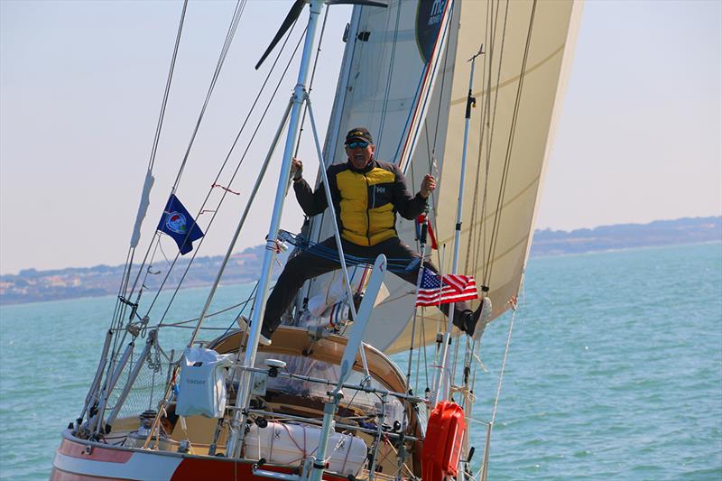 Istvan Kopar umping for joy as Puffin crosses the finish line - 2019 Golden Globe Race - photo © Jane Zhou / GGR / PPL