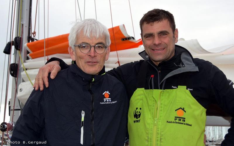 Damien Guillou (FR) with his ” PRB” manager Vincent Riou photo copyright Bernard Gergaud taken at  and featuring the Golden Globe Race class