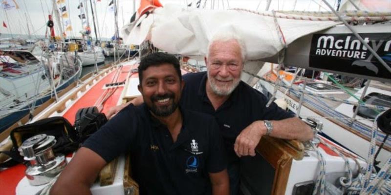 Indian sailor Abhilash Tomy and Sir Robin Knox Johnston onboard `THURIYA`, replica of Suhaili photo copyright Golden Globe Race taken at  and featuring the Golden Globe Race class