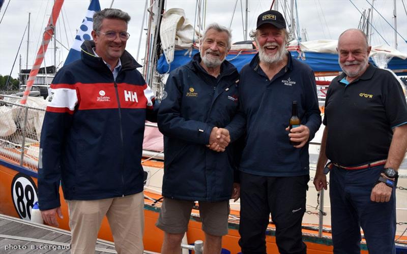 Left Right, Mayor of LSO Yannick Moreau, Winner of the 2018 Golden Globe Race Jean Luc Van den Heede, Mark, GGR Founder Don McIntyre.  - photo © Bernard Gergaud