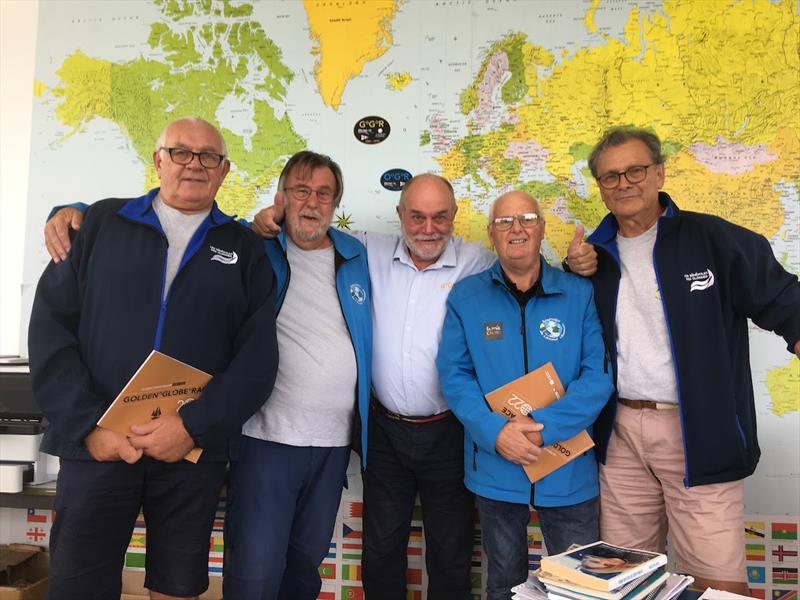 Claude Back, J-Y Pedelagrabe, Don McIntyre, André Hatin & Daniel Létévé in the GGR HQ.150 volunteers from  Les Bénévoles des Olonnes and Les Bénévoles du Littoral Olonnais, will be manning the GGR Race Village from August 20 to September 4. - photo © GGR2022