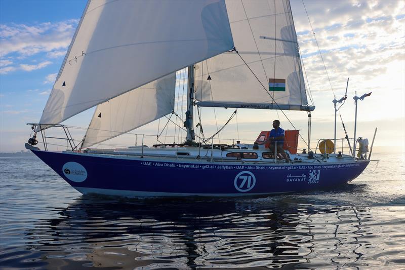 Abhilash Tomy (India) sailing BAYANAT is happy to be racing again, but has the Rustler 36 design finally been presented with real challenges from new designs with competent sailors . He is sailing hard and only time will tell! photo copyright GGR2022 / Nora Havel taken at  and featuring the Golden Globe Race class