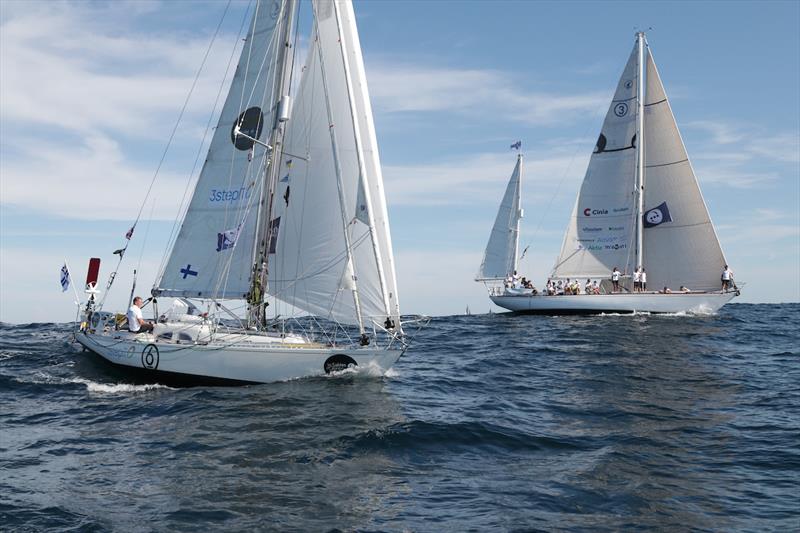 Tapio Lehtinen (Finland) 'Captain Barnacle` sailing ASTERIA away at the start. He has a point to prove having been last finisher in the 2018 edition after 322 days, the hull covered in Barnacles. He is in company with his 2023 OGR entry a Swan 55 Galiana - photo © GGR2022 / Etienne Messikommer