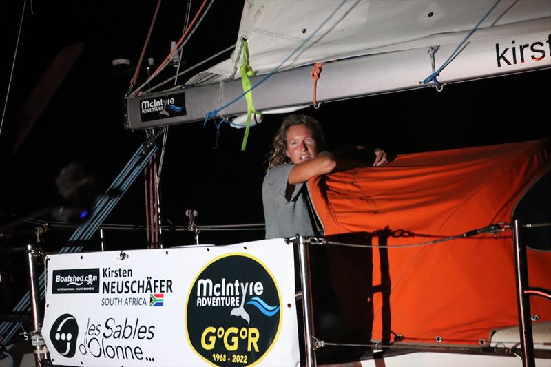 Kirsten Neuschäfer could not hide her disappointment at being 6th crossing the gate 25 minutes after Guy photo copyright GGR2022 / Nora Havel taken at  and featuring the Golden Globe Race class