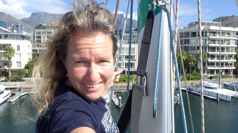 Kirsten Neuschäfer on top of the mast in Cape Town before she leaving and heading to the Golden Globe Race 2022 start line photo copyright Kirsten Neuschäfer / GGR2022 taken at  and featuring the Golden Globe Race class