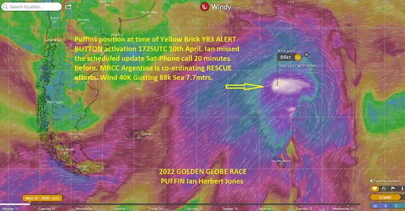 Location of 35ft GGR competitor, `Puffin` at time of dismasting incident photo copyright Golden Globe Race taken at Yacht Club de France and featuring the Golden Globe Race class