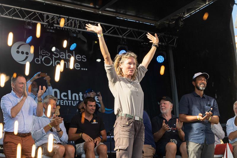 South African yachtswoman Kirsten Neuschäfer, winner of the 2022/3 Golden Globe Race, is greeted by the crowds when taking to the stage to collect her trophies photo copyright Tim Bishop / GGR / PPL taken at  and featuring the Golden Globe Race class