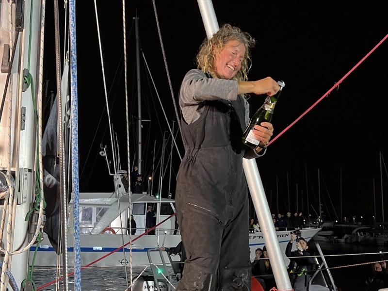 Opening champagne after the finish at Les Sables d'Olonne, France photo copyright GGR2022 / Don McIntyre taken at  and featuring the Golden Globe Race class