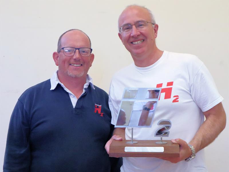 Champion Richard Leftley holding the Harold Smith National Championship Trophy with runner-up Richard Le Mare at the Harken Hadron H2 Nationals at the WPNSA - photo © David Henshall