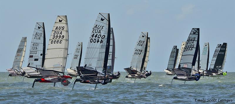 Fleet action at the 2019 International Moth AUS Championship photo copyright Emily Scott Images taken at Royal Queensland Yacht Squadron and featuring the International Moth class