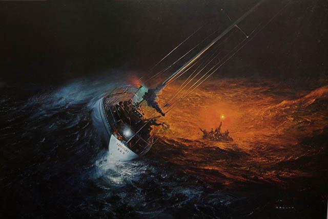 A painting depicting the daring rescue of the Royal Ocean Racing Club crew after the Club yacht 'Griffin IV' sank during the infamous 1979 Fastnet Race - PPL - Copyright reserved photo copyright Lawrence Bagley - PPL - Copyright reserved taken at Royal Ocean Racing Club and featuring the IOR class