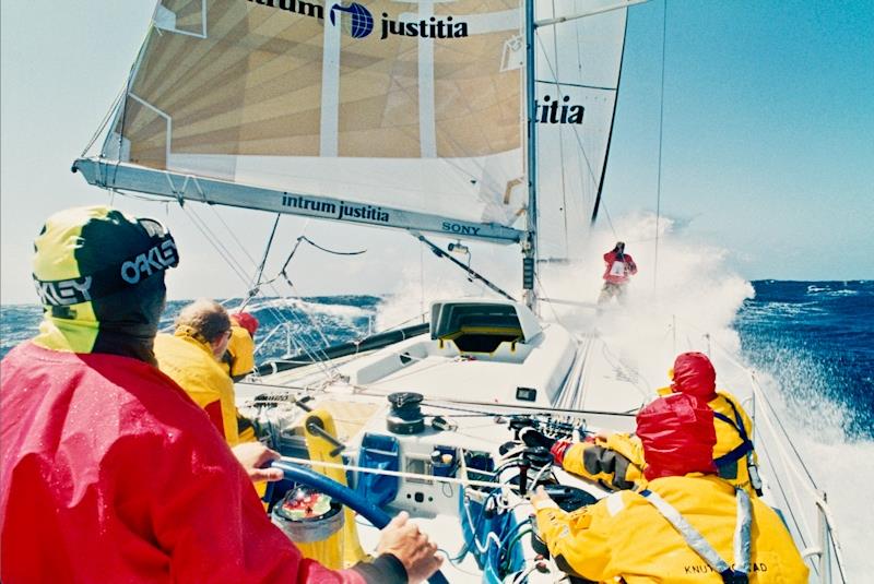 Swedish flagged VOR60 Intrum Justitia's crewed by Pierre Mas and skippered by Roger Nilson and Lawrie Smith for the 1993-94 Whitbread Round the World Race photo copyright PPL taken at  and featuring the IOR class