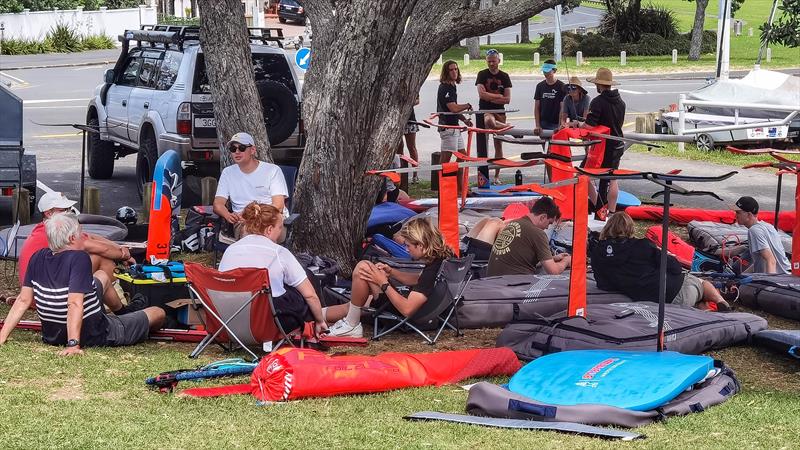 Foilers at Wakatere waiting for a breeze - mid afternoon - Oceanbridge NZL sailing Regatta - Day 1, February 17, 2022 photo copyright Richard Gladwell - Sail-World.com/nz taken at Wakatere Boating Club and featuring the iQFoil class