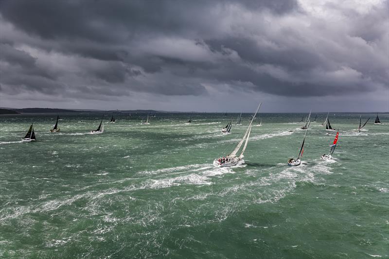 Strong winds from the south west and a building sea state made for a dramatic opening few hours as yachts battle out of The Solent in the Rolex Fastnet Race - photo © Carlo Borlenghi / Rolex